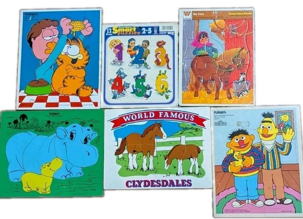 Vtg Wooden Cardboard Tray Puzzle Lot 6 Sesame Street Garfield Whitman Playskool